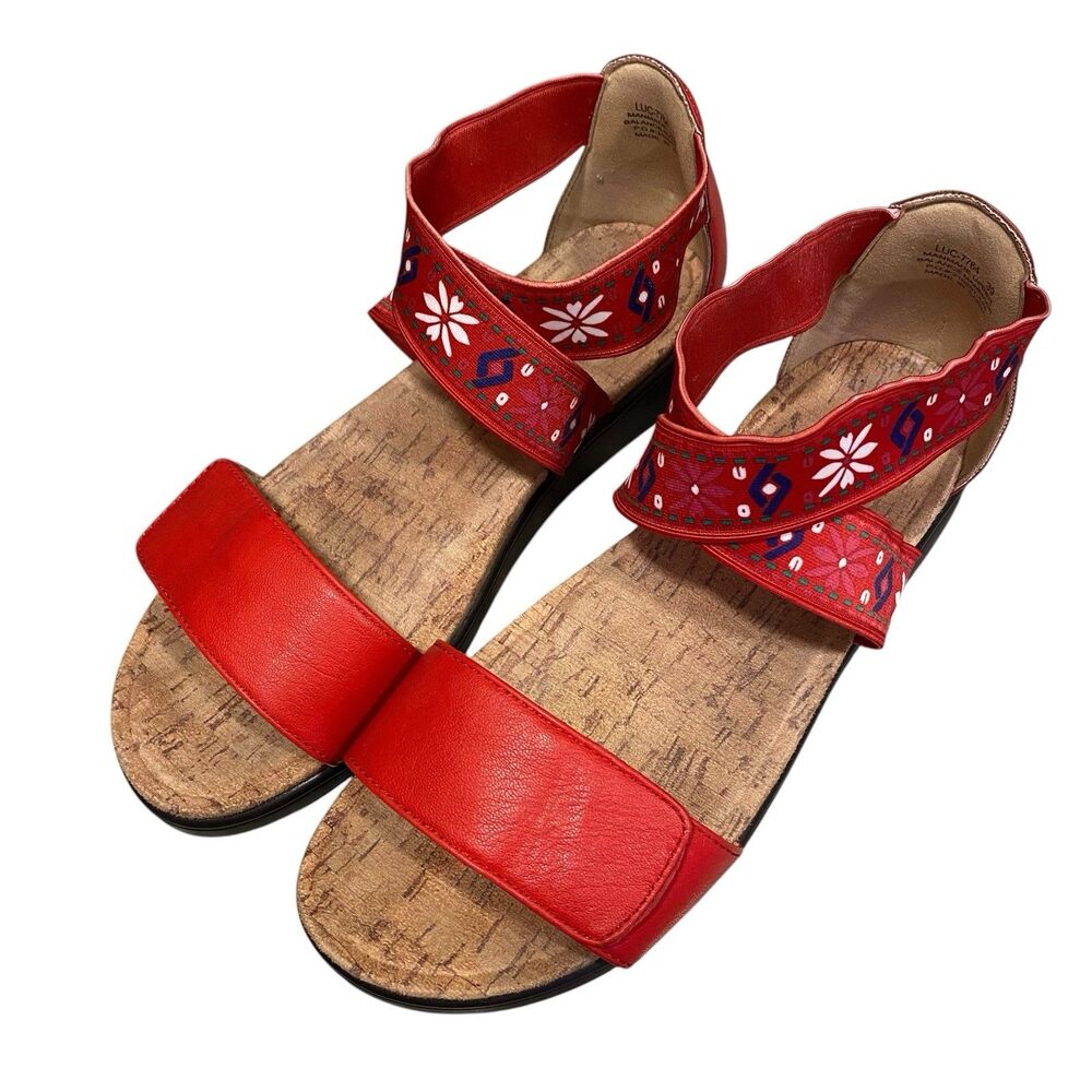 Alegria Lucia Sandals Womens 39 Red Floral Ankle Strap Comfort Slingback Flats
